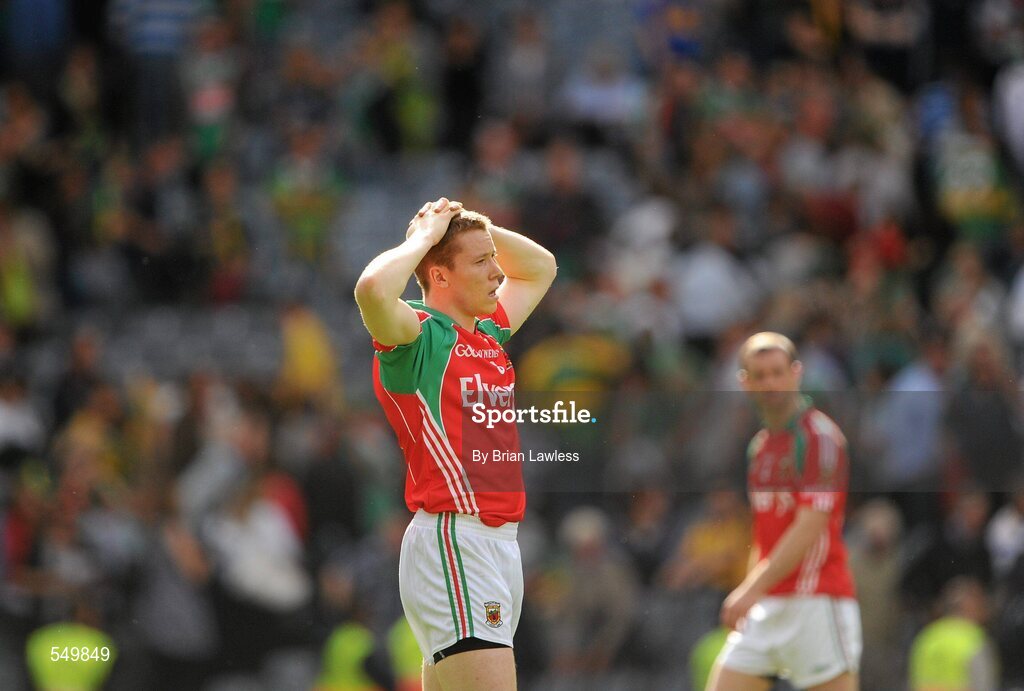 21 August 2011; Mayo's Donal Vaughan shows his disappointment after the match. GAA Football All-Ireland Senior Championship Semi-Final, Mayo v Kerry, Croke Park, Dublin. Picture credit: Brian Lawless / SPORTSFILE
