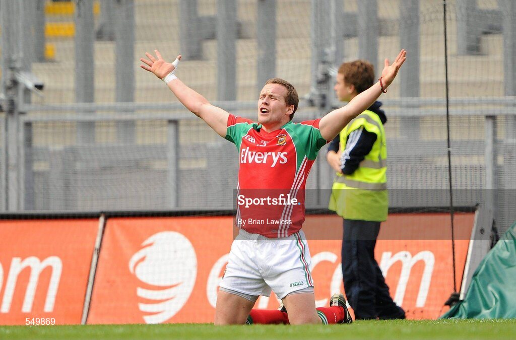 21 August 2011; Andy Moran, Mayo, appeals to the referee. GAA Football All-Ireland Senior Championship Semi-Final, Mayo v Kerry, Croke Park, Dublin. Picture credit: Brian Lawless / SPORTSFILE