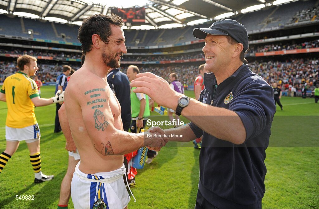 21 August 2011; Kerry manager Jack O'Connor celebrates with Paul Galvin after the game. GAA Football All-Ireland Senior Championship Semi-Final, Mayo v Kerry, Croke Park, Dublin. Picture credit: Brendan Moran / SPORTSFILE