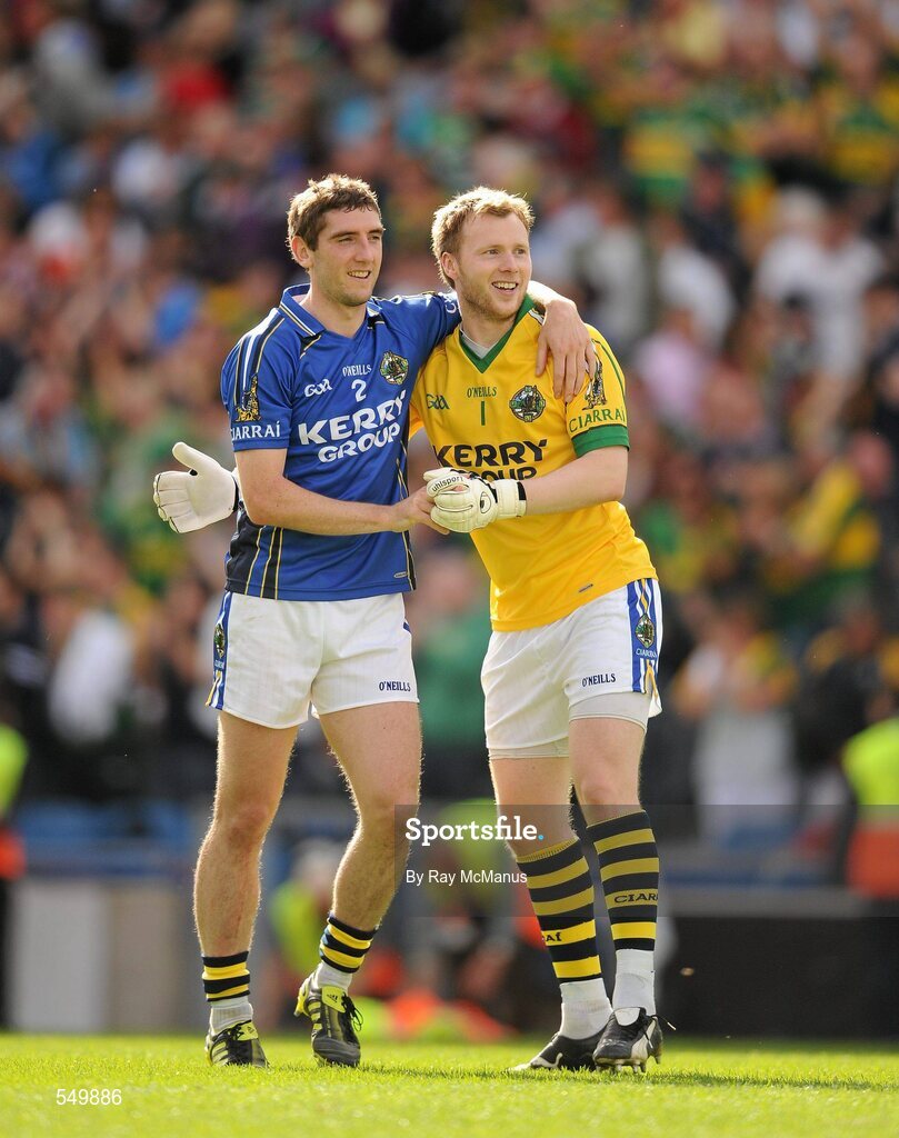 21 August 2011; Kerry goalkeeper Brendan Kealy and corner-back Killian Young celebrate after the game. GAA Football All-Ireland Senior Championship Semi-Final, Mayo v Kerry, Croke Park, Dublin. Picture credit: Ray McManus / SPORTSFILE