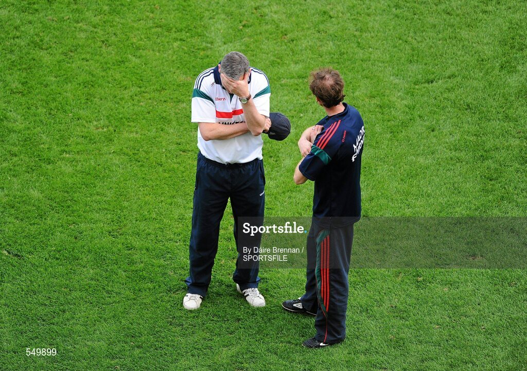 21 August 2011; A dejected Mayo manager James Horan, left, stands on the pitch with selector James Nallen after the game. GAA Football All-Ireland Senior Championship Semi-Final, Mayo v Kerry, Croke Park, Dublin. Picture credit: Dáire Brennan / SPORTSFILE