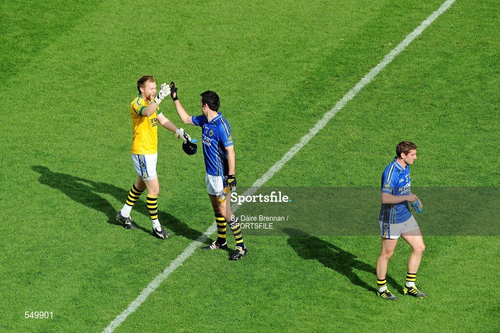 21 August 2011; Kerry goalkeeper Brendan Kealy celebrates with Tom O'Sullivan after the game, as Killian Young leaves the field. GAA Football All-Ireland Senior Championship Semi-Final, Mayo v Kerry, Croke Park, Dublin. Picture credit: Dáire Brennan / SPORTSFILE