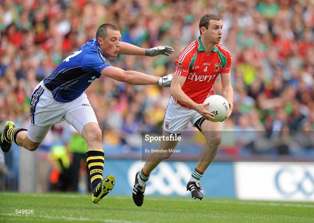 21 August 2011; Keith Higgins, Mayo, gets away from Kieran Donaghy, Kerry. GAA Football All-Ireland Senior Championship Semi-Final, Mayo v Kerry, Croke Park, Dublin. Picture credit: Brendan Moran / SPORTSFILE