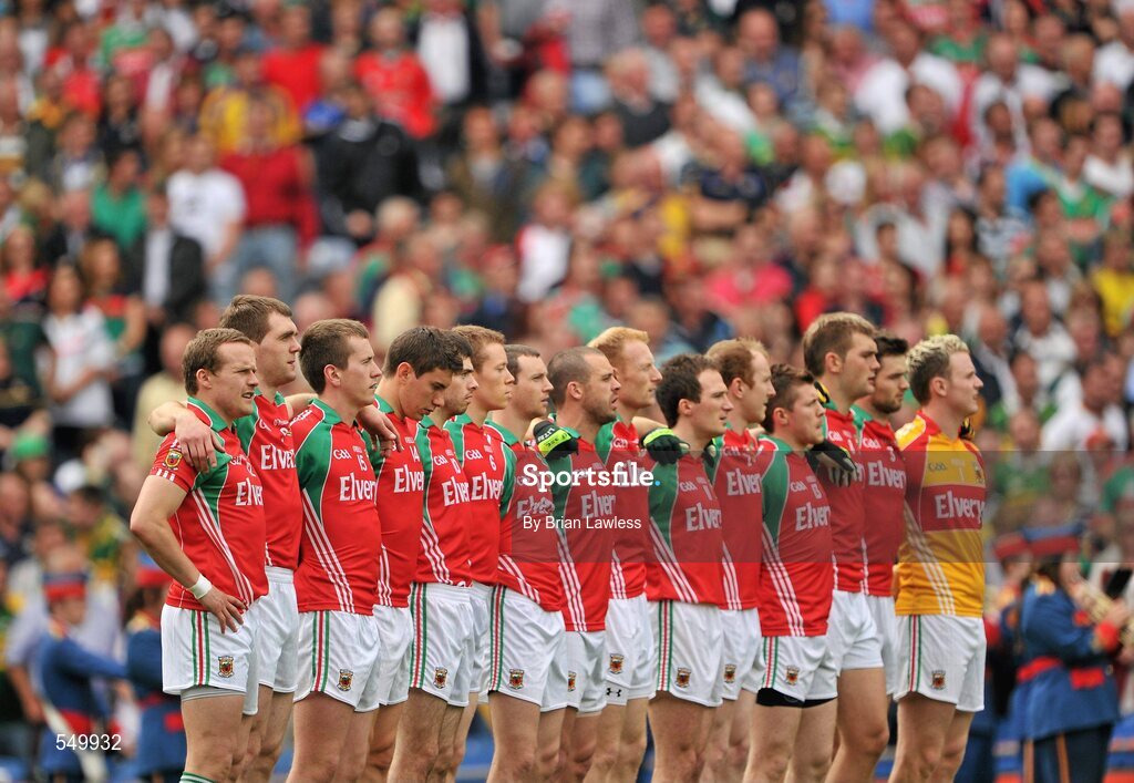 21 August 2011; The Mayo players stand for the National Anthem. GAA Football All-Ireland Senior Championship Semi-Final, Mayo v Kerry, Croke Park, Dublin. Picture credit: Brian Lawless / SPORTSFILE