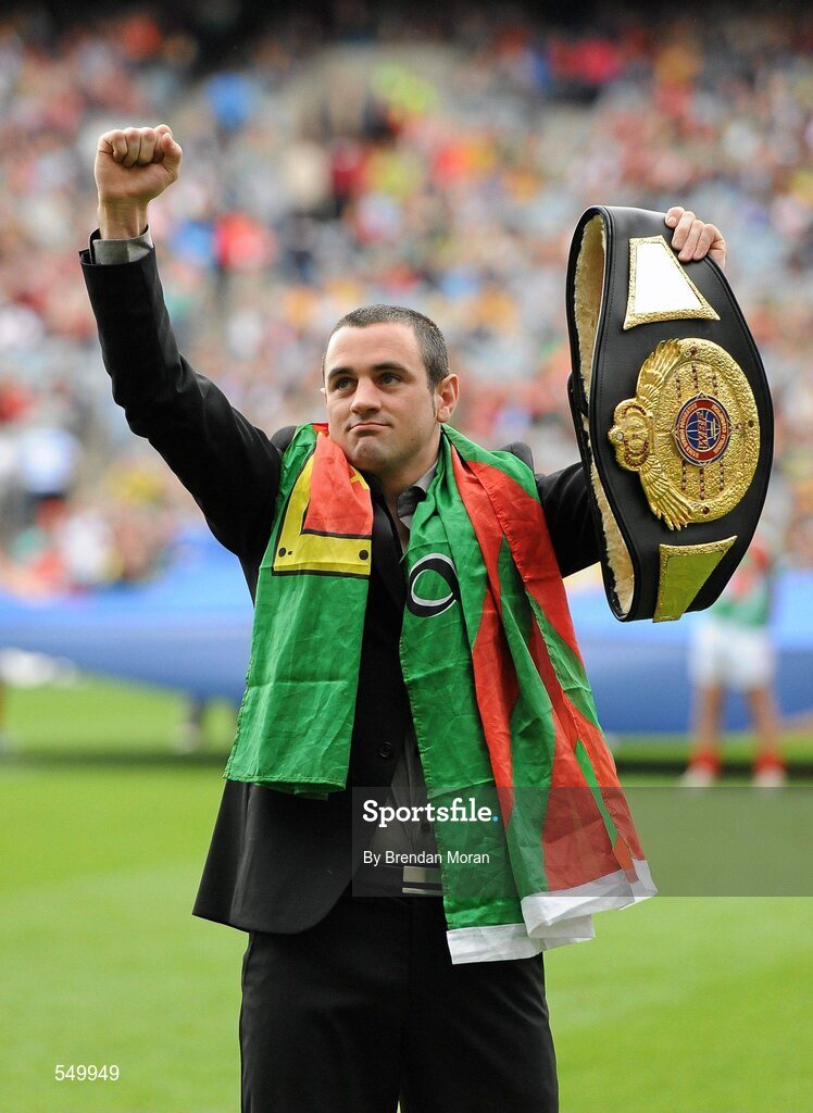 21 August 2011; Henry Coyle, WBF Light Middleweight Champion, is introduced to the crowd before the game. GAA Football All-Ireland Senior Championship Semi-Final, Mayo v Kerry, Croke Park, Dublin. Picture credit: Brendan Moran / SPORTSFILE