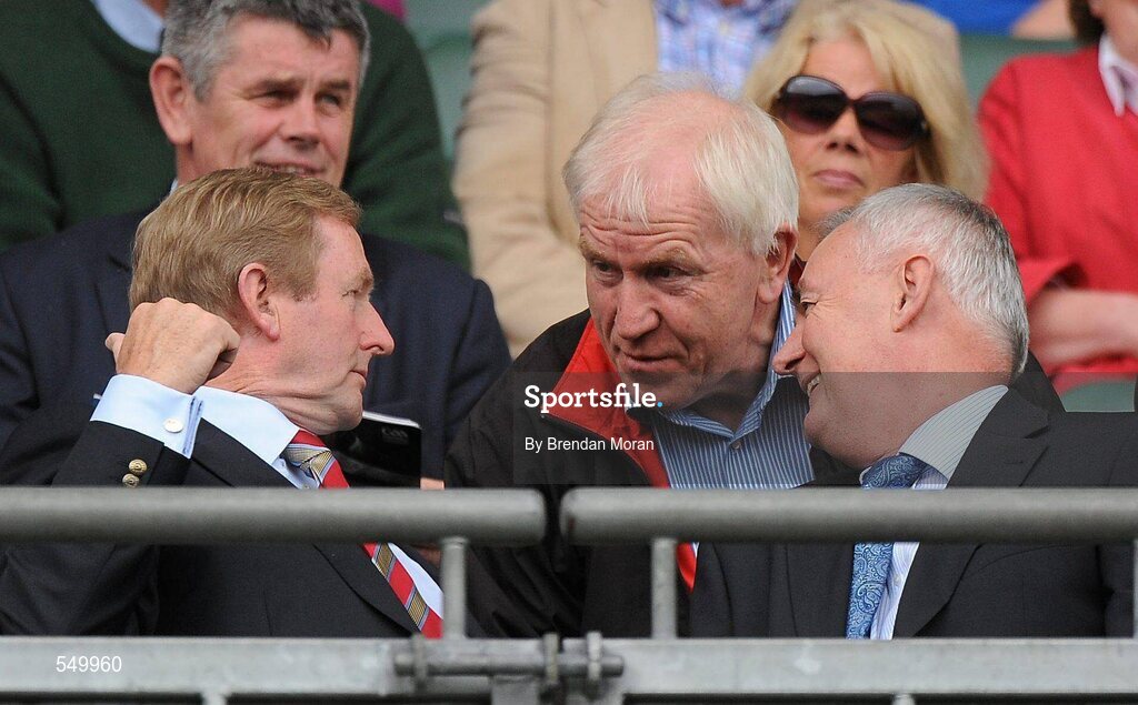 21 August 2011; An Taoiseach Enda Kenny, T.D, with Uachtarán CLG Criostóir Ó Cuana, right, and Fine Gael T.D for Kerry North Jimmy Deenihan, centre, at the GAA Football All-Ireland Football Championship Semi-Finals. Croke Park, Dublin. Picture credit: Brendan Moran / SPORTSFILE