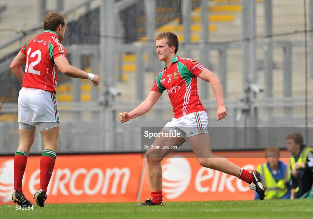 21 August 2011; Cillian O'Connor, Mayo, celebrates with team-mate Andy Moran, left, after scoring his side's only goal. GAA Football All-Ireland Senior Championship Semi-Final, Mayo v Kerry, Croke Park, Dublin. Picture credit: Brian Lawless / SPORTSFILE