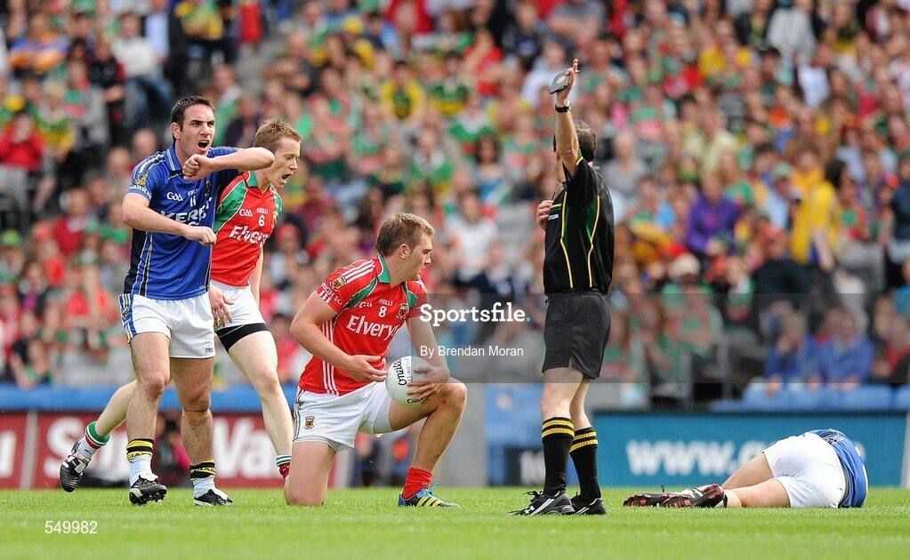 21 August 2011; Kerry's Paul Galvin lies on the ground after a clash with Seamus O'Shea, Mayo, after coming on as a substitute. GAA Football All-Ireland Senior Championship Semi-Final, Mayo v Kerry, Croke Park, Dublin. Picture credit: Brendan Moran / SPORTSFILE