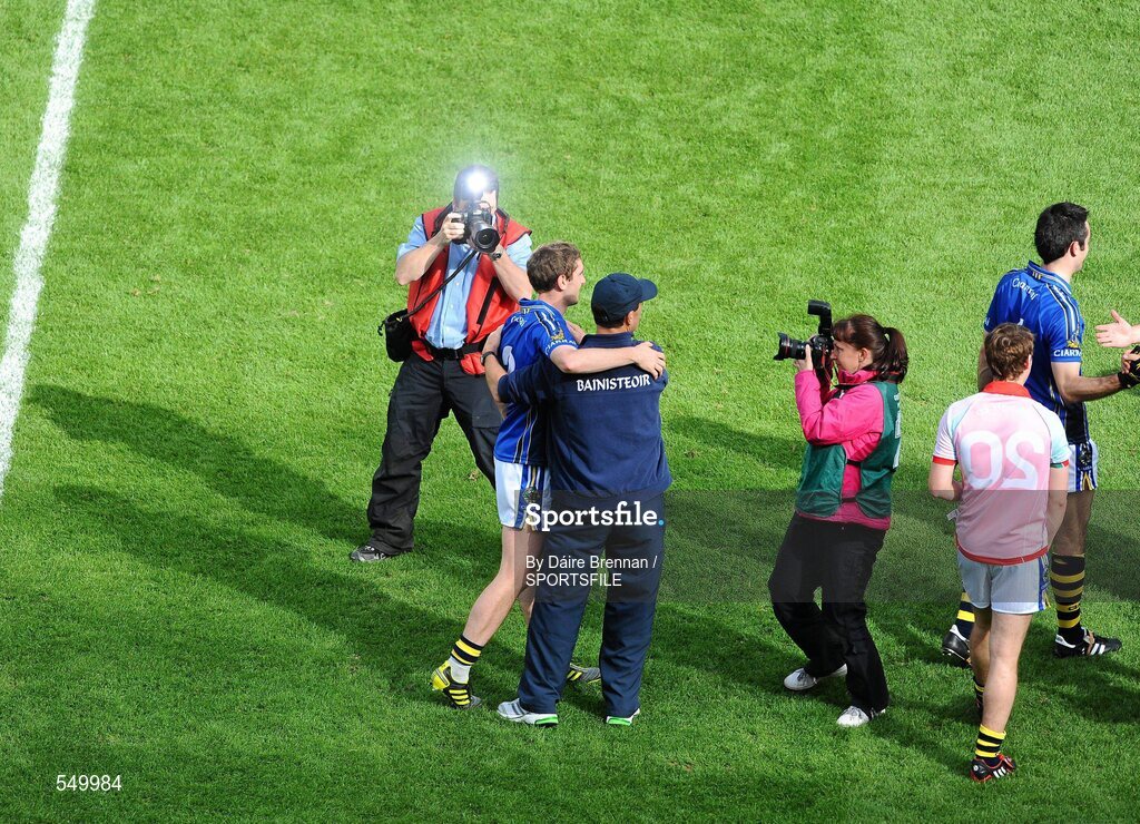 21 August 2011; Kerry manager Jack O'Connor celebrates with Killian Young, after the game. GAA Football All-Ireland Senior Championship Semi-Final, Mayo v Kerry, Croke Park, Dublin. Picture credit: Dáire Brennan / SPORTSFILE
