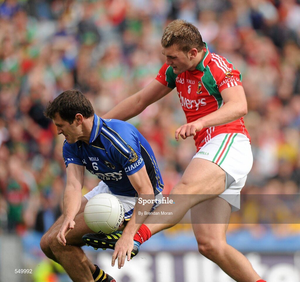 21 August 2011; Eoin Brosnan, Kerry, blocks a shot by Aidan O'Shea, Mayo. GAA Football All-Ireland Senior Championship Semi-Final, Mayo v Kerry, Croke Park, Dublin. Picture credit: Brendan Moran / SPORTSFILE