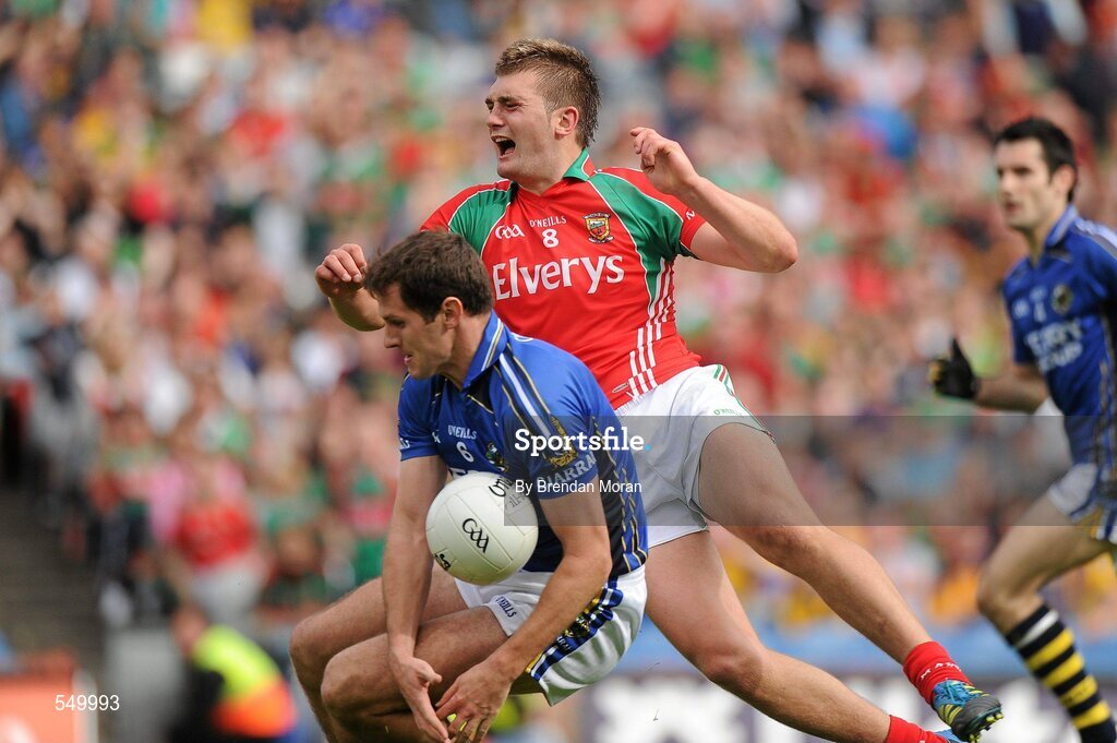 21 August 2011; Eoin Brosnan, Kerry, blocks a shot by Aidan O'Shea, Mayo. GAA Football All-Ireland Senior Championship Semi-Final, Mayo v Kerry, Croke Park, Dublin. Picture credit: Brendan Moran / SPORTSFILE