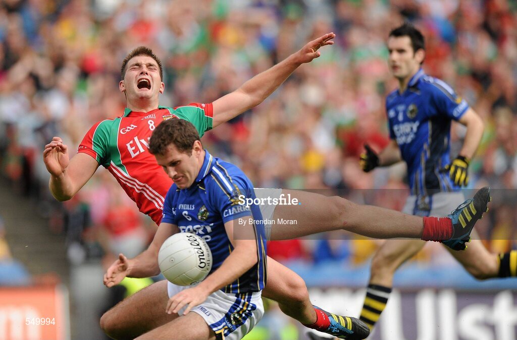 21 August 2011; Aidan O'Shea, Mayo, reacts after having a shot blocked by Eoin Brosnan, Kerry. GAA Football All-Ireland Senior Championship Semi-Final, Mayo v Kerry, Croke Park, Dublin. Picture credit: Brendan Moran / SPORTSFILE