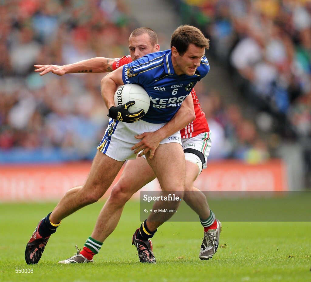 21 August 2011; Eoin Brosnan, Kerry, in action against Trevor Mortimer, Mayo. GAA Football All-Ireland Senior Championship Semi-Final, Mayo v Kerry, Croke Park, Dublin. Picture credit: Ray McManus / SPORTSFILE