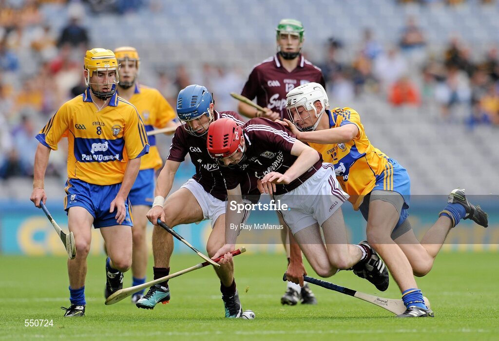 7 August 2011; Galway's Padraic Mannion, right, and Billy Lane in action against Colm Galvin, far left, and Peter Duggan, Clare. GAA Hurling All-Ireland Minor Championship Semi-Final, Clare v Galway, Croke Park, Dublin. Picture credit: Ray McManus / SPORTSFILE