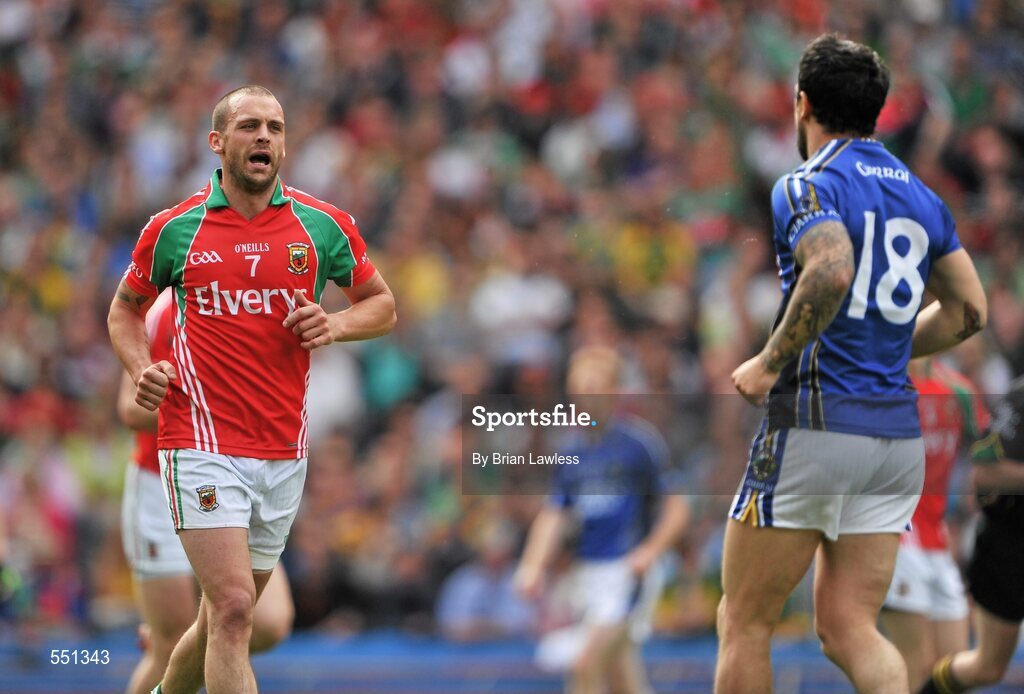 21 August 2011; Trevor Mortimer, Mayo, has words with Paul Galvin, Kerry. GAA Football All-Ireland Senior Championship Semi-Final, Mayo v Kerry, Croke Park, Dublin. Picture credit: Brian Lawless / SPORTSFILE
