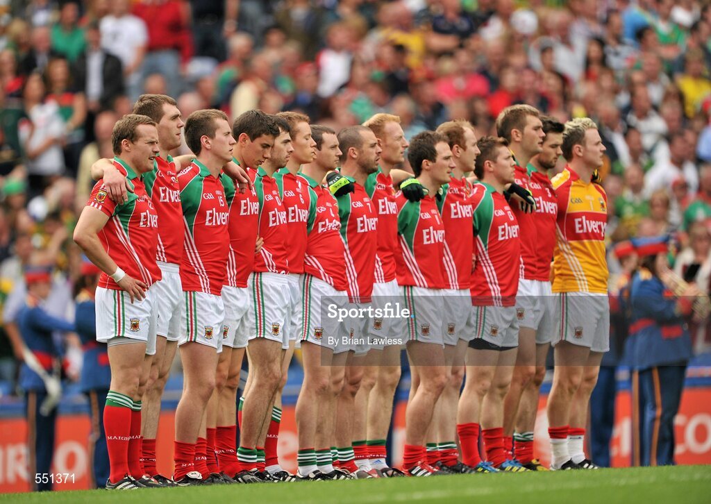 21 August 2011; The Mayo team stand for the national anthem. GAA Football All-Ireland Senior Championship Semi-Final, Mayo v Kerry, Croke Park, Dublin. Picture credit: Brian Lawless / SPORTSFILE