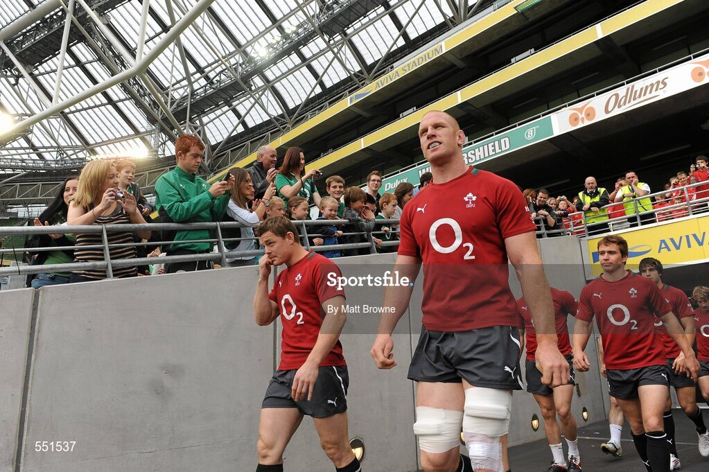 25 August 2011; Ireland's Paul O'Connell and Brian O'Driscoll lead the team out before the start of a team training session ahead of their Rugby World Cup warm-up game against England on Saturday. O2 Ireland Rugby Team Training Session, Aviva Stadium, Lansdowne Road, Dublin. Picture credit: Matt Browne / SPORTSFILE