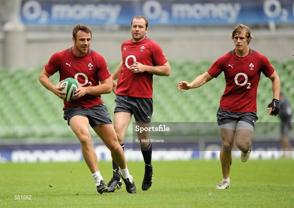 25 August 2011; Ireland players, from left, Tommy Bowe, Geordan Murphy and Andrew Trimble in action during a team training session ahead of their Rugby World Cup warm-up game against England on Saturday. O2 Ireland Rugby Team Training Session, Aviva Stadium, Lansdowne Road, Dublin. Picture credit: Matt Browne / SPORTSFILE
