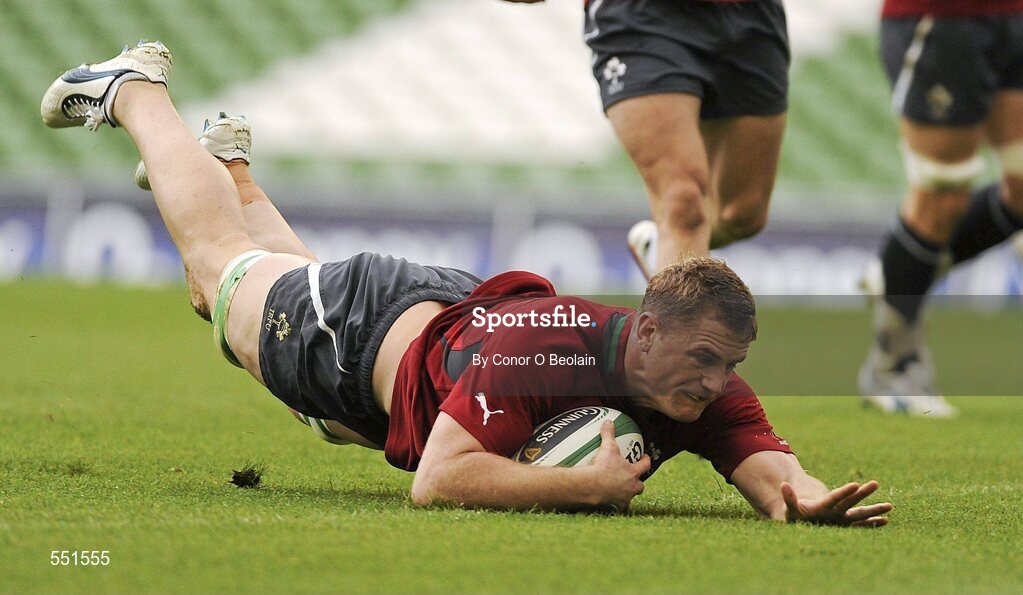 25 August 2011; Ireland's Jamie Heaslip scores a try during a team training session ahead of their Rugby World Cup warm-up game against England on Saturday. O2 Ireland Rugby Team Training Session, Aviva Stadium, Lansdowne Road, Dublin. Picture credit: Conor O Beolain / SPORTSFILE