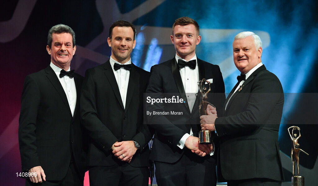 3 November 2017; Galway hurler Joe Canning is presented with his PwC All Star award from Uachtarán Chumann Lúthchleas Gael Aogán Ó Fearghail, in the company of Feargal O'Rourke, left, Managing Partner, PwC, and David Collins, GPA President during the PwC All Stars 2017 at the Convention Centre in Dublin. Photo by Brendan Moran/Sportsfile