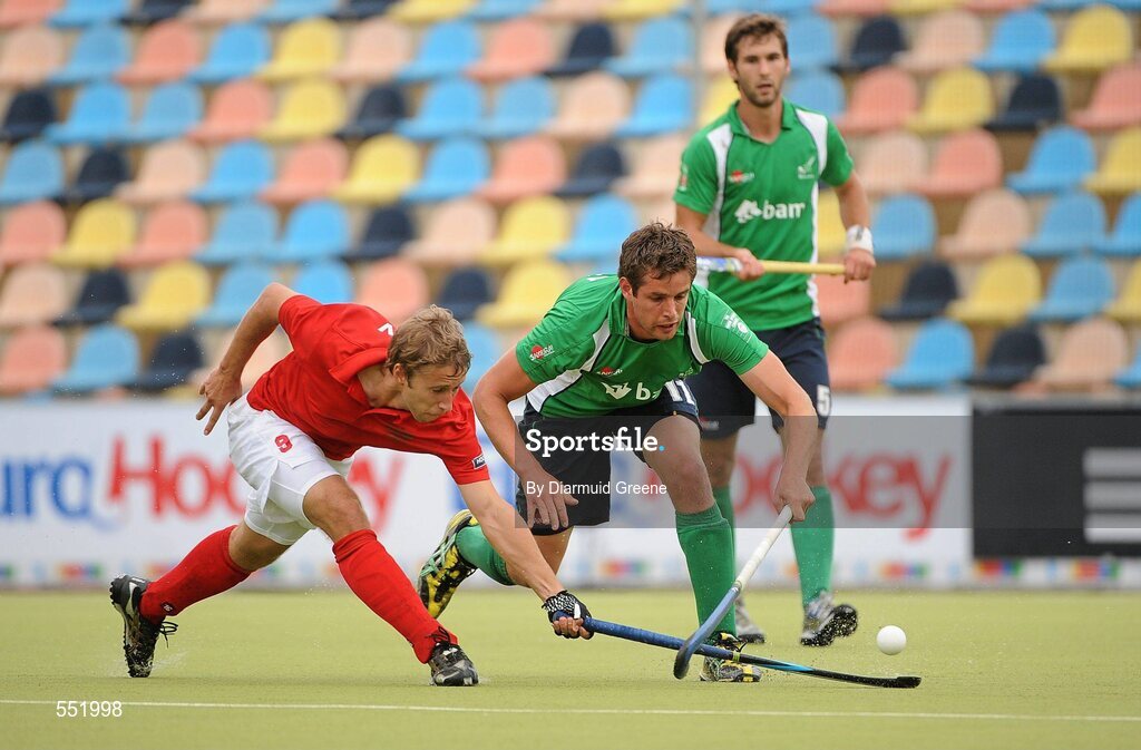 26 August 2011; John Jermyn, Ireland, in action against Dmitry Volkov, Russia. Ireland v Russia - GANT EuroHockey Nations Men's Championships 2011. Warsteiner HockeyPark, Mönchengladbach, Germany. Picture credit: Diarmuid Greene / SPORTSFILE