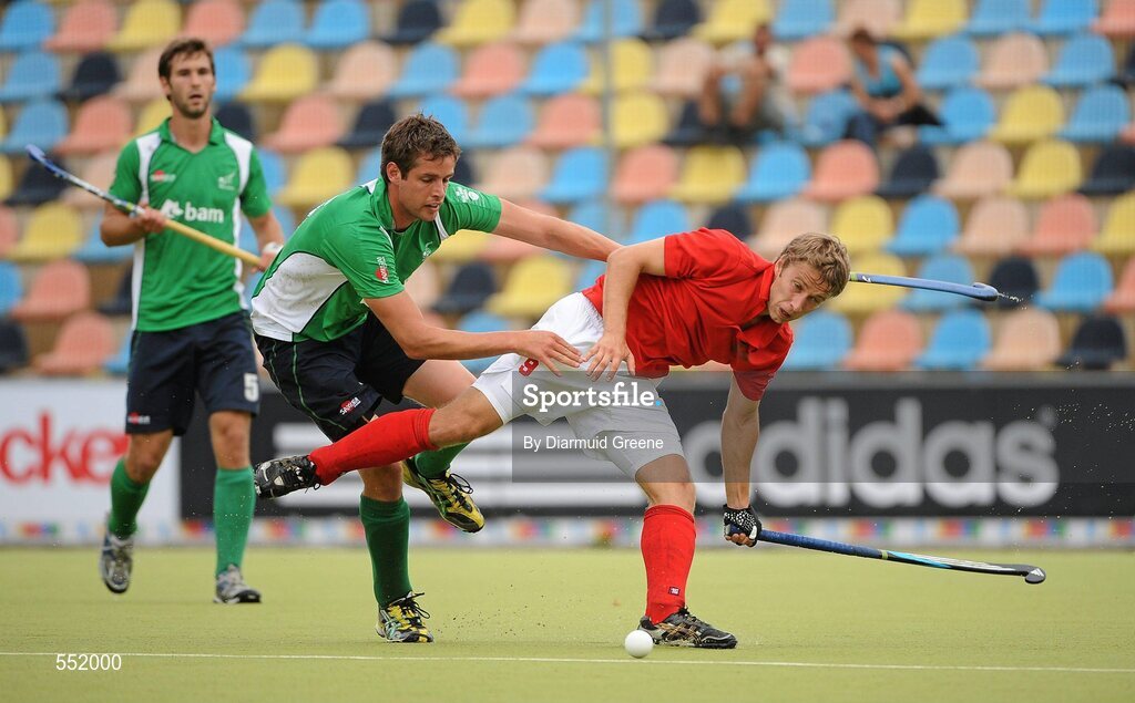 26 August 2011; John Jermyn, Ireland, in action against  Dmitry Volkov, Russia. Ireland v Russia - GANT EuroHockey Nations Men's Championships 2011. Warsteiner HockeyPark, Mönchengladbach, Germany. Picture credit: Diarmuid Greene / SPORTSFILE