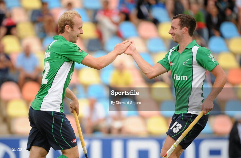 26 August 2011; Ireland's Eugene Magee, left, celebrates with team-mate Peter Caruth, after scoring his side's fourth goal. Ireland v Russia - GANT EuroHockey Nations Men's Championships 2011. Warsteiner HockeyPark, Mönchengladbach, Germany. Picture credit: Diarmuid Greene / SPORTSFILE