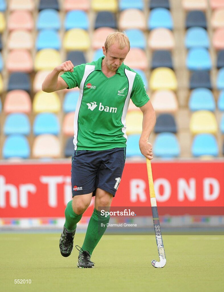26 August 2011; Eugene Magee, Ireland, celebrates after scoring his side's fourth goal. Ireland v Russia - GANT EuroHockey Nations Men's Championships 2011. Warsteiner HockeyPark, Mönchengladbach, Germany. Picture credit: Diarmuid Greene / SPORTSFILE