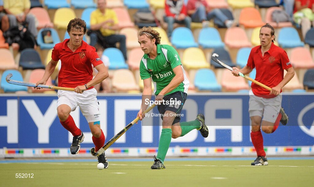 26 August 2011; Michael Darling, Ireland, in action against Pavel Golubev, left, and Evgeny Mokrousov, Russia. Ireland v Russia - GANT EuroHockey Nations Men's Championships 2011. Warsteiner HockeyPark, Mönchengladbach, Germany. Picture credit: Diarmuid Greene / SPORTSFILE