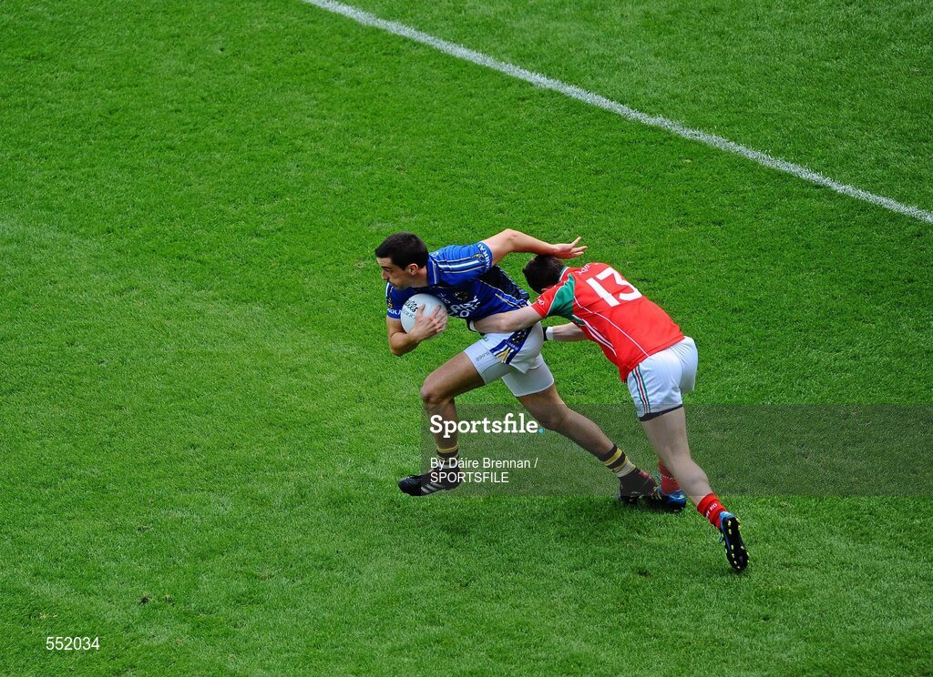 21 August 2011; Anthony Maher, Kerry, is illegally tackled by Enda Varley, Mayo. GAA Football All-Ireland Senior Championship Semi-Final, Mayo v Kerry, Croke Park, Dublin. Picture credit: Dáire Brennan / SPORTSFILE