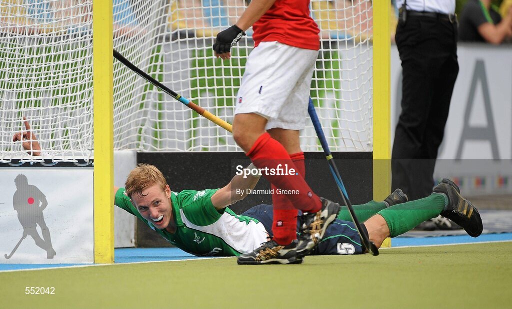 26 August 2011; David Ames, Ireland, celebrates after scoring his side's fourth goal. Ireland v Russia - GANT EuroHockey Nations Men's Championships 2011. Warsteiner HockeyPark, Mönchengladbach, Germany. Picture credit: Diarmuid Greene / SPORTSFILE