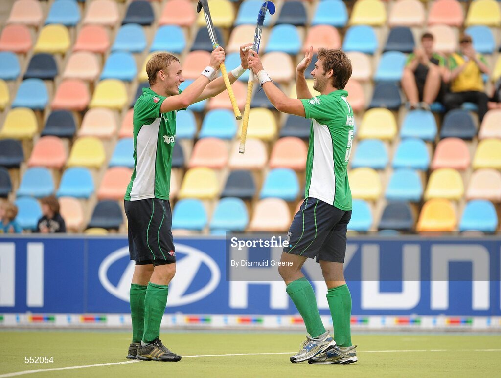 26 August 2011; William Geoffrey McCabe, right, celebrates with team-mate David Ames, after scoring his side's sixth goal. Ireland v Russia - GANT EuroHockey Nations Men's Championships 2011. Warsteiner HockeyPark, Mönchengladbach, Germany. Picture credit: Diarmuid Greene / SPORTSFILE