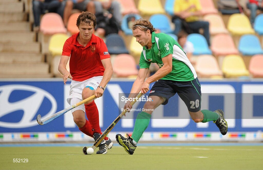 26 August 2011; Michael Darling, Ireland, in action against Pavel Golubev, Russia. Ireland v Russia - GANT EuroHockey Nations Men's Championships 2011. Warsteiner HockeyPark, Mönchengladbach, Germany. Picture credit: Diarmuid Greene / SPORTSFILE