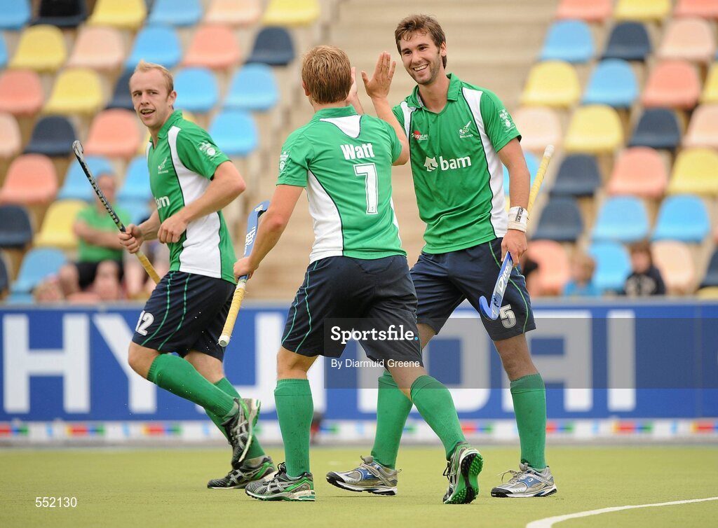 26 August 2011; William Geoffrey McCabe, right, celebrates with team-mate Michael Watt, centre, after scoring his side's sixth goal. Ireland v Russia - GANT EuroHockey Nations Men's Championships 2011. Warsteiner HockeyPark, Mönchengladbach, Germany. Picture credit: Diarmuid Greene / SPORTSFILE