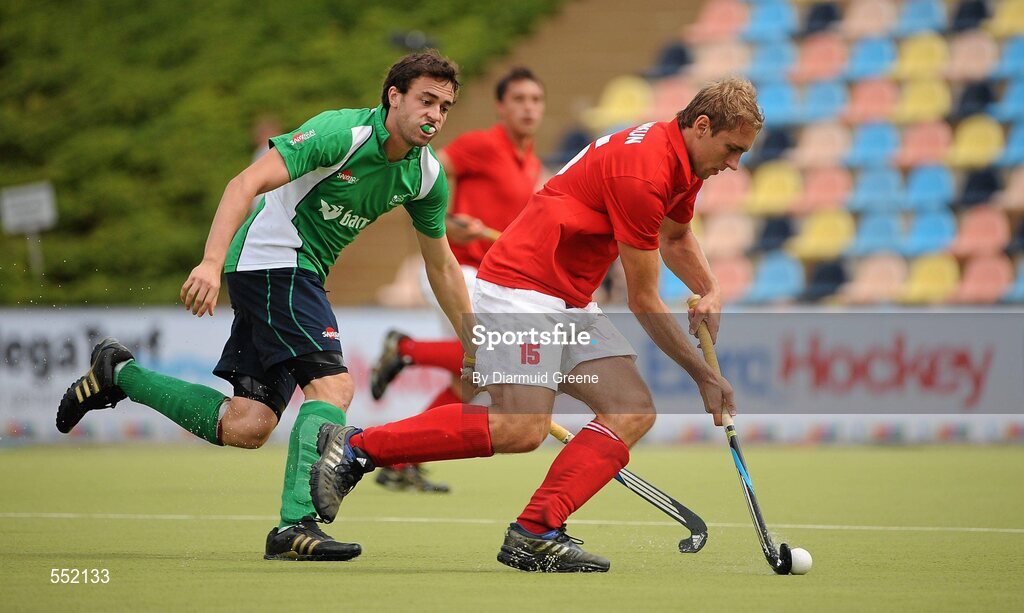 26 August 2011; Nikolay Yankun, Russia, in action against Christopher Cargo, Ireland. Ireland v Russia - GANT EuroHockey Nations Men's Championships 2011. Warsteiner HockeyPark, Mönchengladbach, Germany. Picture credit: Diarmuid Greene / SPORTSFILE
