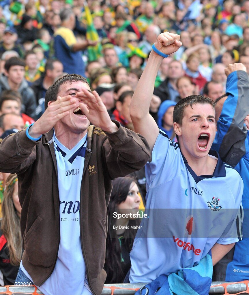 28 August 2011; Dublin supporters cheer on their side during the closing stages of the game. Supporters at the GAA Football All-Ireland Championship Semi-Finals, Croke Park, Dublin. Picture credit: David Maher / SPORTSFILE