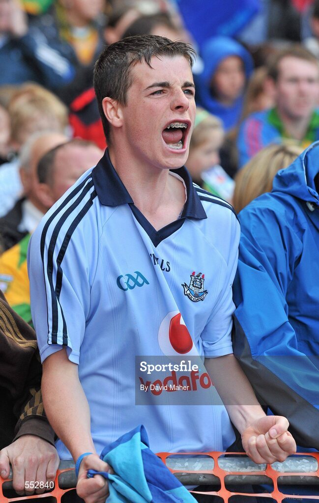 28 August 2011; A Dublin supporter cheers on his team during the closing stages of the game. Supporters at the GAA Football All-Ireland Championship Semi-Finals, Croke Park, Dublin. Picture credit: David Maher / SPORTSFILE