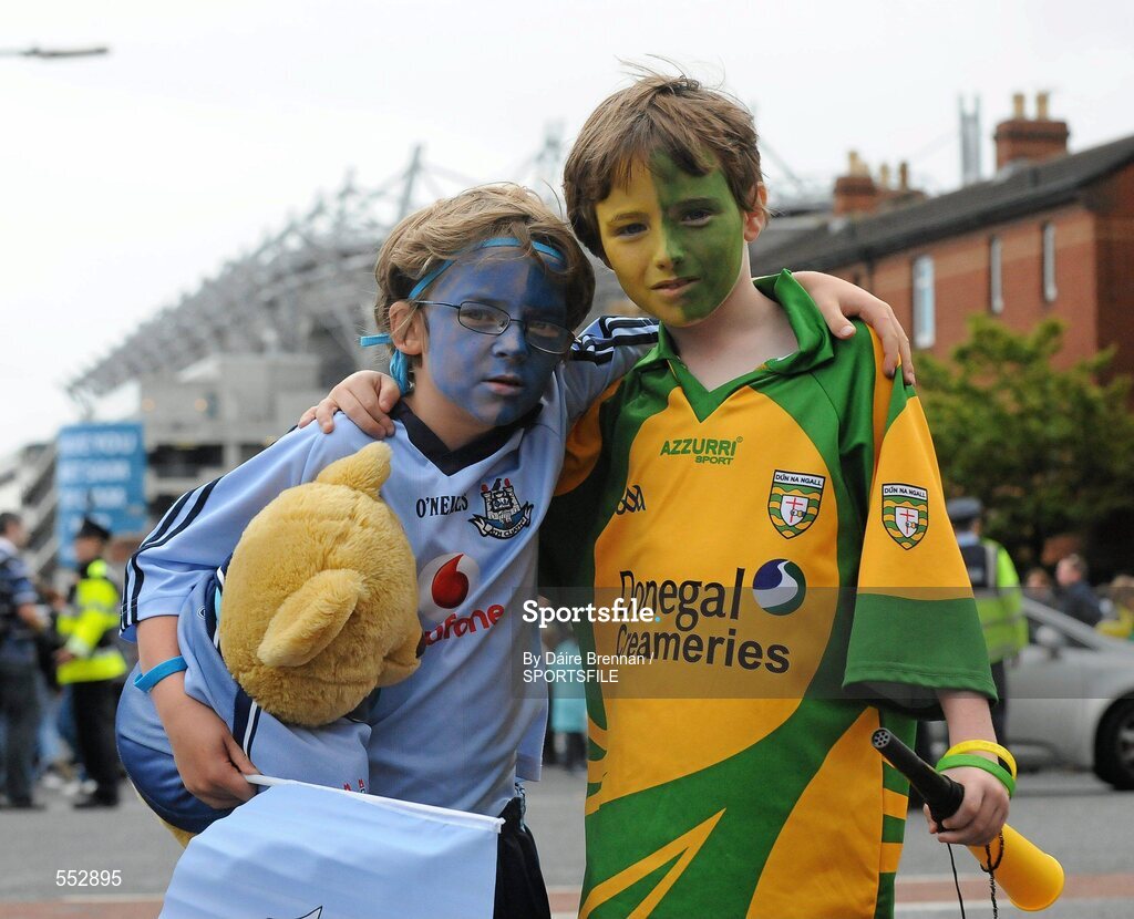 28 August 2011; Dublin supporter Anthony McGennis, aged 6, from Rathmines, and his cousin Conaill Burke, aged 10, from Frosses, Co. Donegal. Supporters at the GAA Football All-Ireland Championship Semi-Finals, Croke Park, Dublin. Picture credit: Dáire Brennan / SPORTSFILE