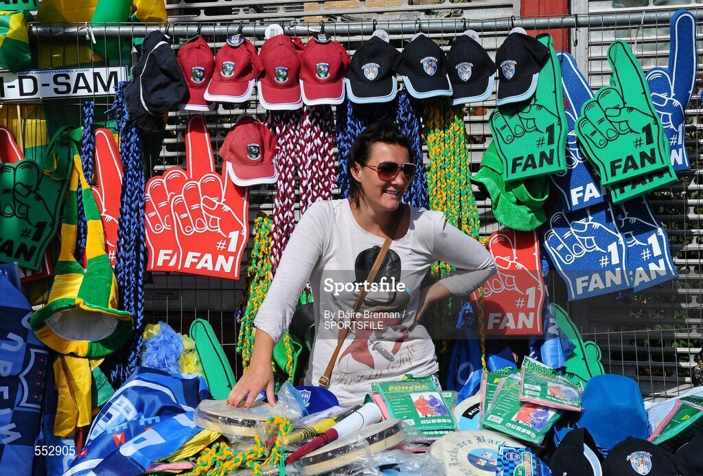 28 August 2011; Street vendor Elaine Mangan, from Drimnagh, Co. Dublin, at her stall on the North Circular Road. Supporters at the GAA Football All-Ireland Championship Semi-Finals, Croke Park, Dublin. Picture credit: Dáire Brennan / SPORTSFILE