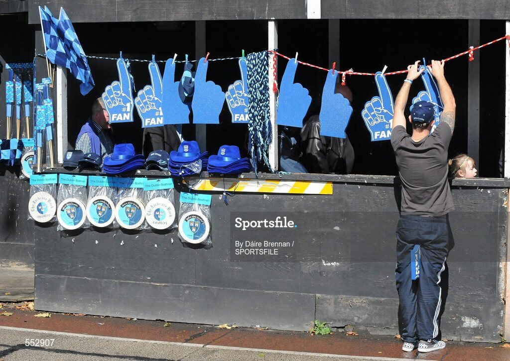 28 August 2011; A street vendor hangs up his products on the North Circular Road. Supporters at the GAA Football All-Ireland Championship Semi-Finals, Croke Park, Dublin. Picture credit: Dáire Brennan / SPORTSFILE