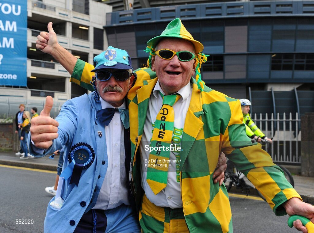 28 August 2011; Dublin supporter Gerry Horan, from Drumcondra, and Donegal supporter John Porter, from Buncrana, Co. Donegal, on Jones' Road before the game. Supporters at the GAA Football All-Ireland Championship Semi-Finals, Croke Park, Dublin. Picture credit: Dáire Brennan / SPORTSFILE