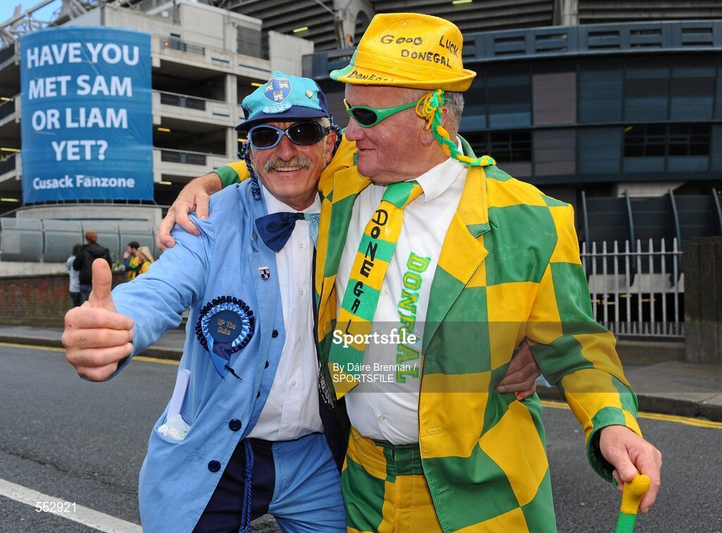 28 August 2011; Dublin supporter Gerry Horan, from Drumcondra, and Donegal supporter John Porter, from Buncrana, Co. Donegal, on Jones' Road before the game. Supporters at the GAA Football All-Ireland Championship Semi-Finals, Croke Park, Dublin. Picture credit: Dáire Brennan / SPORTSFILE