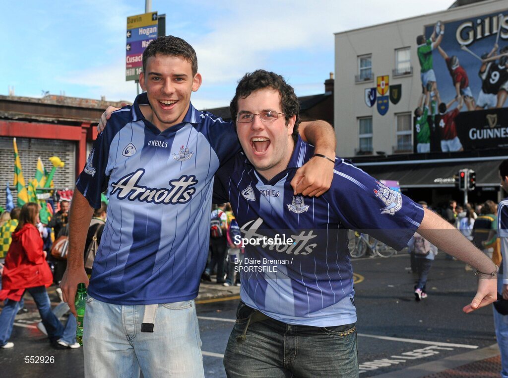 28 August 2011; Dublin supporters Ronan Synnott, left, from Leopardstown, and David Tunney, from Goatstown, on their way to the game. Supporters at the GAA Football All-Ireland Championship Semi-Finals, Croke Park, Dublin. Picture credit: Dáire Brennan / SPORTSFILE
