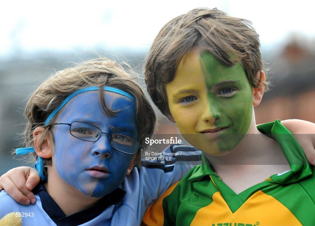 28 August 2011; Dublin supporter Anthony McGennis, left, aged 6, from Rathmines, and his cousin Conaill Burke, aged 10, from Frosses, Co. Donegal. Supporters at the GAA Football All-Ireland Championship Semi-Finals, Croke Park, Dublin. Picture credit: Dáire Brennan / SPORTSFILE