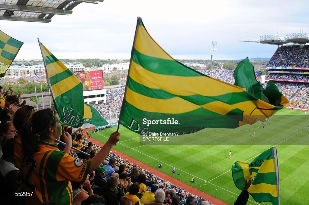 28 August 2011; A Donegal supporter celebrates her side's first score. Supporters at the GAA Football All-Ireland Championship Semi-Finals, Croke Park, Dublin. Picture credit: Dáire Brennan / SPORTSFILE