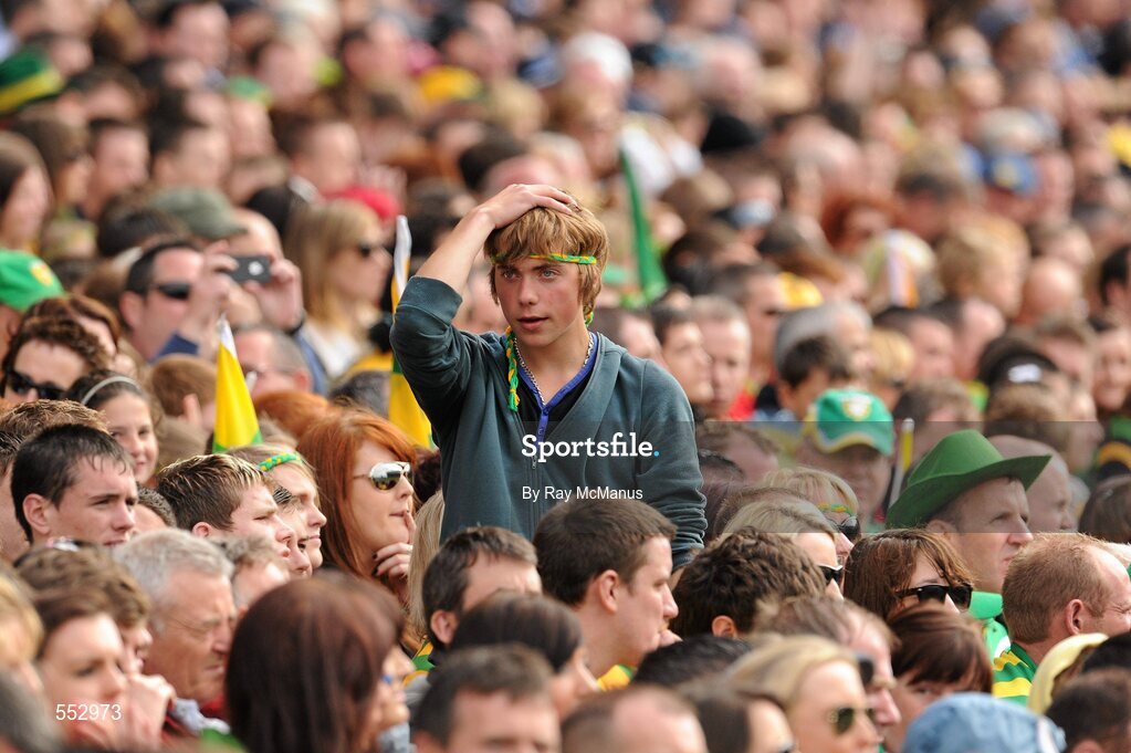 28 August 2011; A Donegal supporter, in the Cusack Stand, reacts to a missed chance in the first half. GAA Football All-Ireland Championship Semi-Finals, Croke Park, Dublin. Picture credit: Ray McManus / SPORTSFILE
