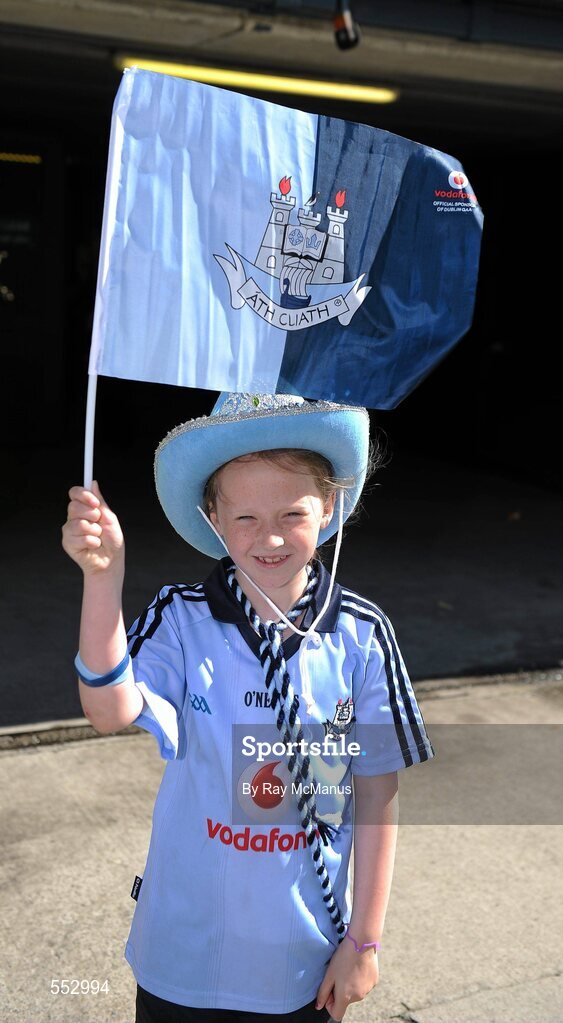 28 August 2011; Seven year old Louise Hopkins, from Ringsend, Dublin, on her way to the GAA Football All-Ireland Championship Semi-Finals, Croke Park, Dublin. Picture credit: Ray McManus / SPORTSFILE