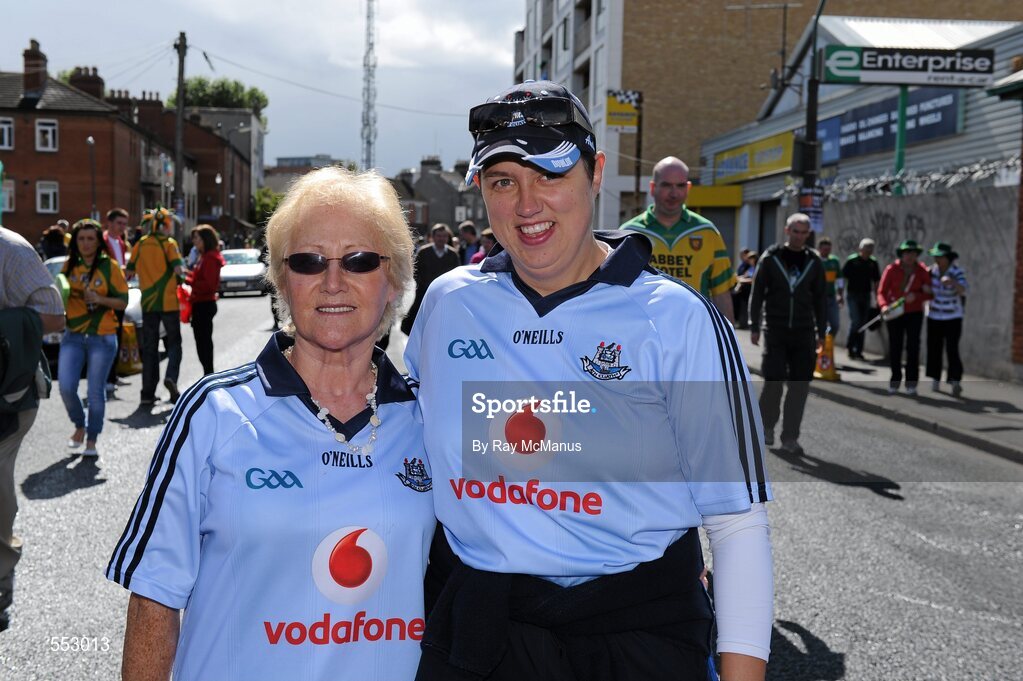 28 August 2011; Shelia Grace, left, and her friend Aisling Carthy, both from Bray, on their way to the GAA Football All-Ireland Championship Semi-Finals, Croke Park, Dublin. Picture credit: Ray McManus / SPORTSFILE