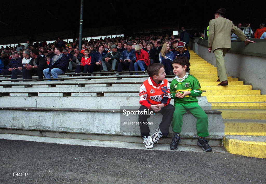 24 March 2002; A young Armagh fan and a young Kerry fan in conversation before during the Allianz National Football League Division 2A Round 6 match between Kerry and Armagh at Austin Stack Park in Tralee, Kerry. Photo by Brendan Moran/Sportsfile