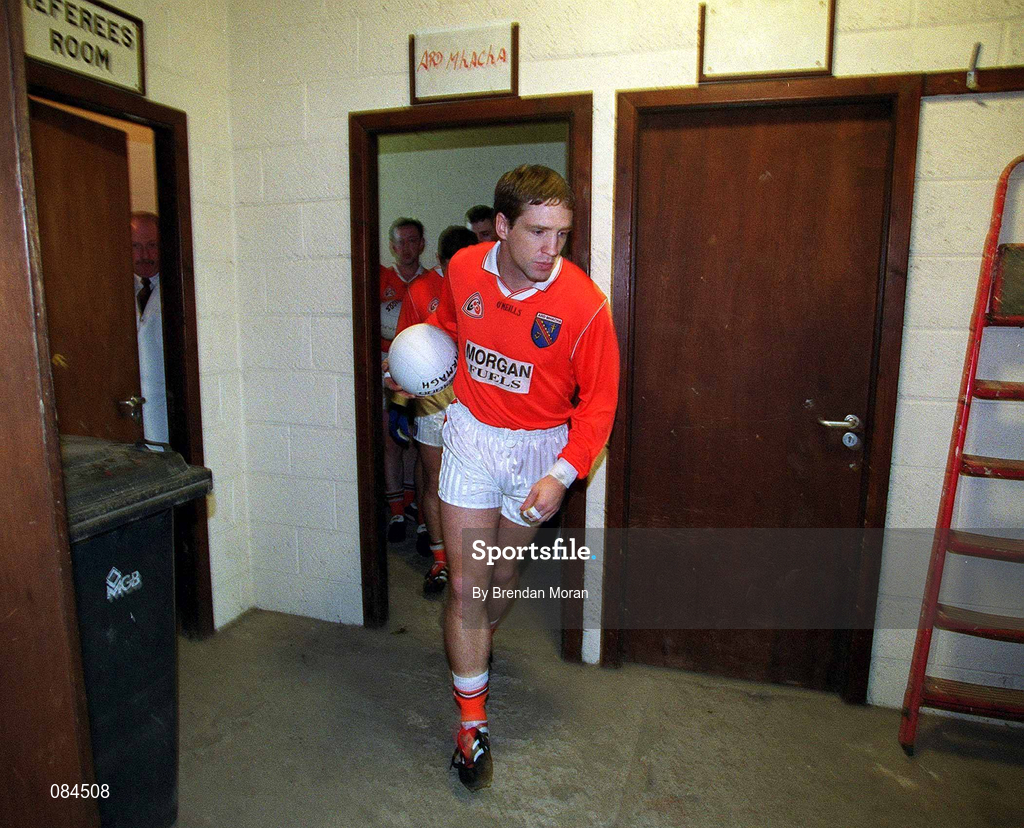 24 March 2002; Armagh captain Kieran McGeeney leads his side out of the dressing room before the Allianz National Football League Division 2A Round 6 match between Kerry and Armagh at Austin Stack Park in Tralee, Kerry. Photo by Brendan Moran/Sportsfile